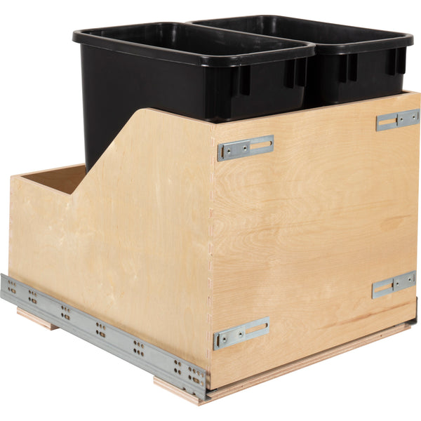 Double 35 Quart Wood Bottom-Mount Soft-close Trashcan Rollout for Door Mounting, Includes Two Black Cans and Door Joining Bracket