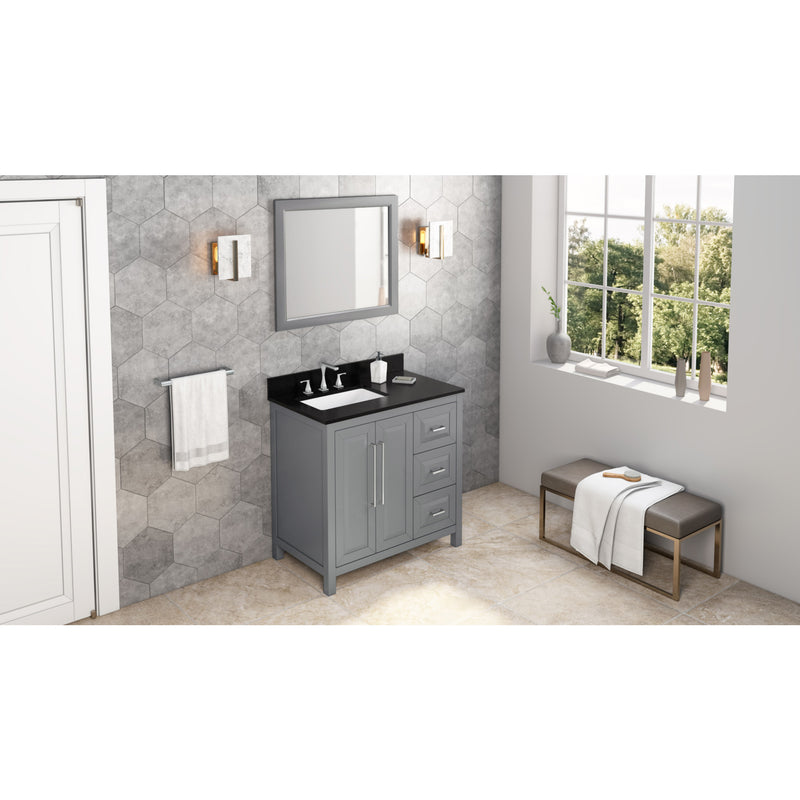 36" Grey Cade Vanity, left offset, Black Granite Vanity Top, undermount rectangle bowl