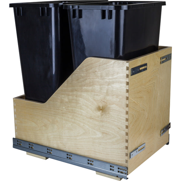 Double 50 Quart Wood Bottom-Mount Soft-close Trashcan Rollout for Door Mounting, Includes Two Black Cans