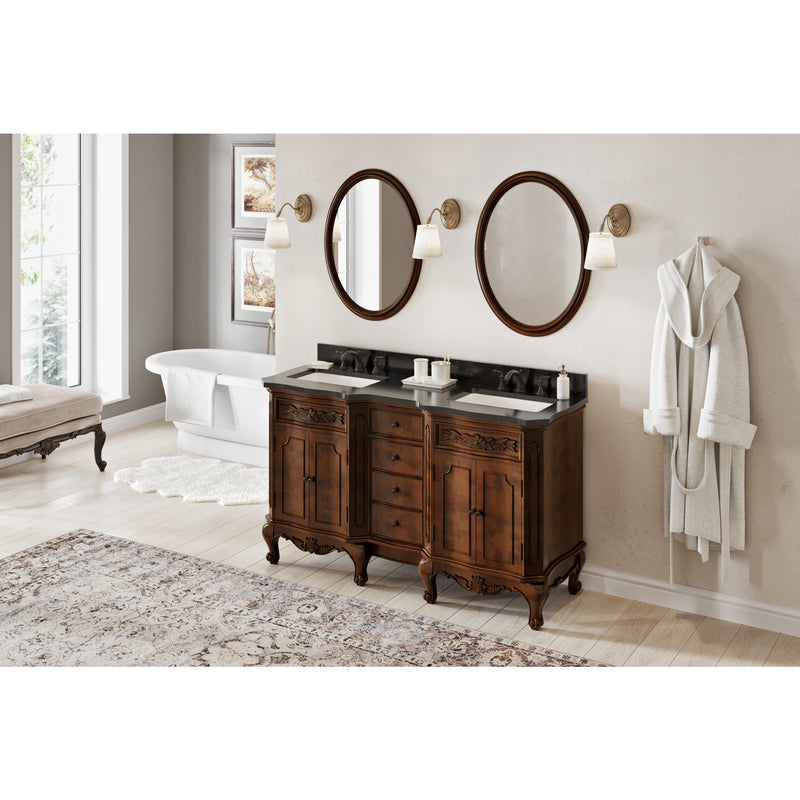 60" Nutmeg Clairemont Vanity, double bowl, Clairemont-only Black Granite Vanity Top, two undermount rectangle bowls