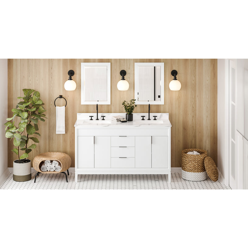 60" White Theodora Vanity, double bowl, Calacatta Vienna Quartz Vanity Top, two undermount rectangle bowls