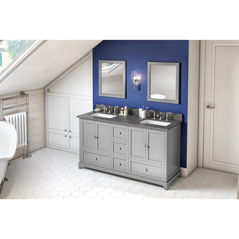 60" Grey Addington Vanity, double bowl, Boulder Cultured Marble Vanity Top, two undermount rectangle bowls