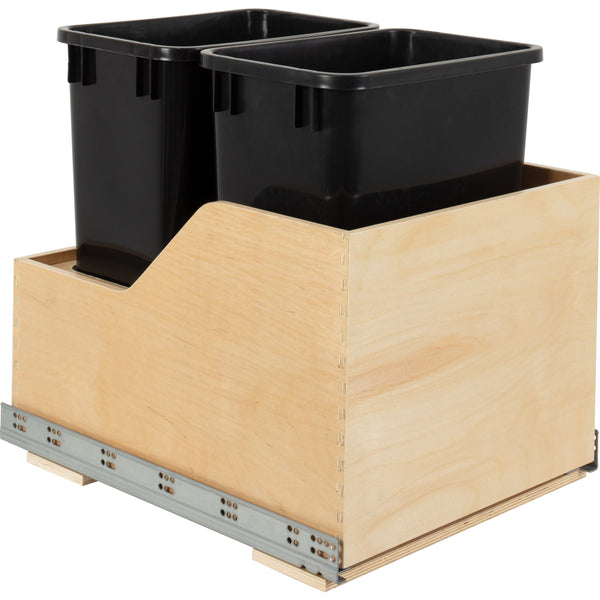 Double 35 Quart Wood Bottom-Mount Soft-close Trashcan Rollout for Hinged Doors, Includes Two Black Cans