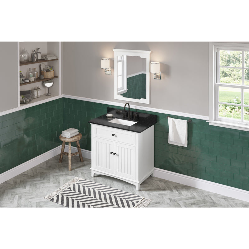 36" White Savino Vanity, Black Granite Vanity Top, undermount rectangle bowl