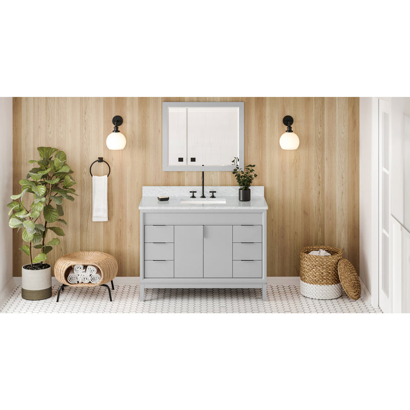 48" Grey Theodora Vanity, White Carrara Marble Vanity Top, undermount rectangle bowl