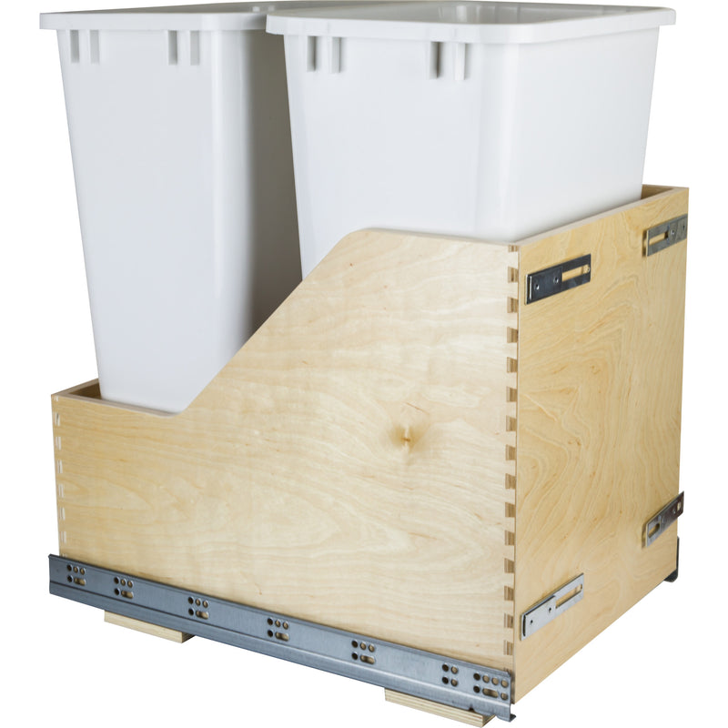 Double 50 Quart Wood Bottom-Mount Soft-close Trashcan Rollout for Door Mounting, Includes Two White Cans