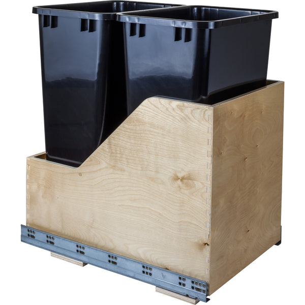 Double 50 Quart Wood Bottom-Mount Soft-close Trashcan Rollout for Hinged Doors, Includes Two Black Cans