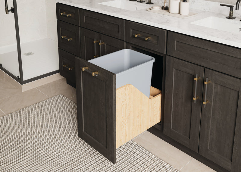 Single 35 Quart Wood Bottom-Mount Soft-close Vanity Trashcan Rollout for Hinged Doors, Includes One Grey Can