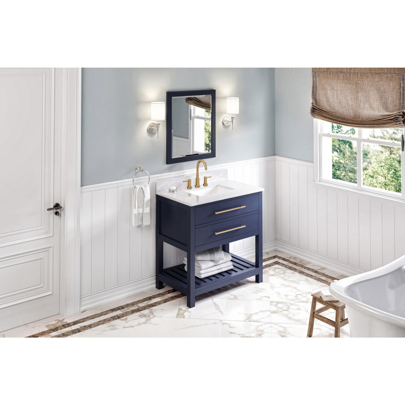 36" Hale Blue Wavecrest Vanity, White Carrara Marble Vanity Top, undermount rectangle bowl