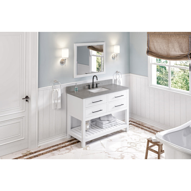 48" White Wavecrest Vanity, Steel Grey Cultured Marble Vanity Top, undermount rectangle bowl