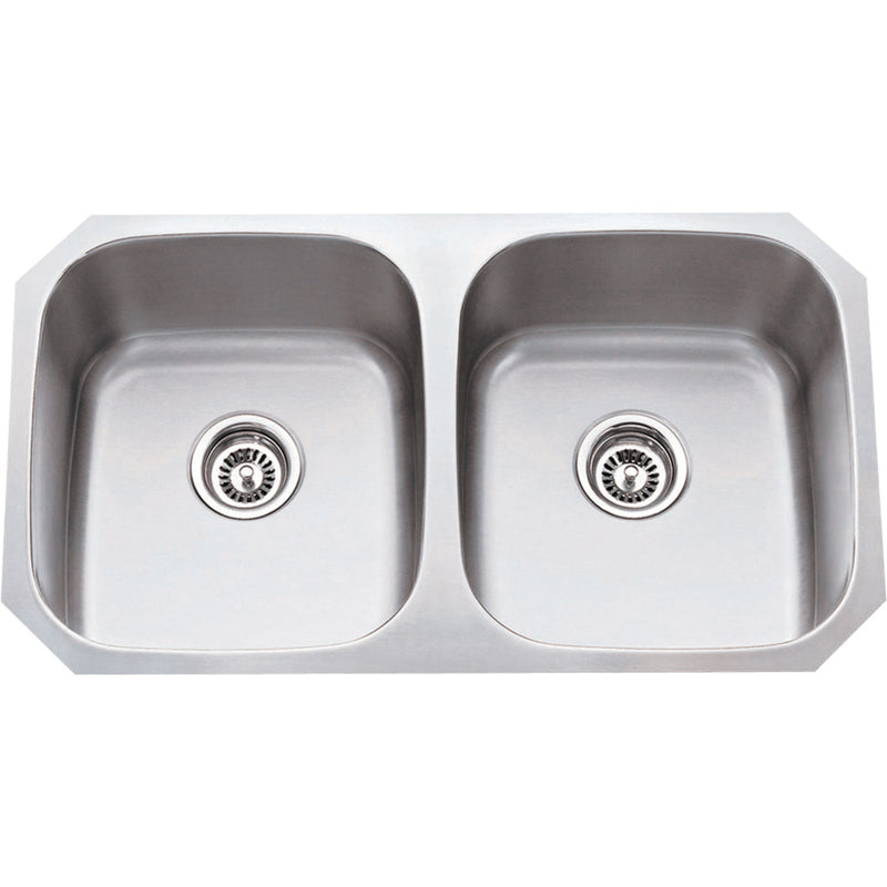 802-18:  32-1/4" L x 18-1/2" W x 9" D Undermount 18 Gauge Stainless Steel 50/50 Double Bowl Sink