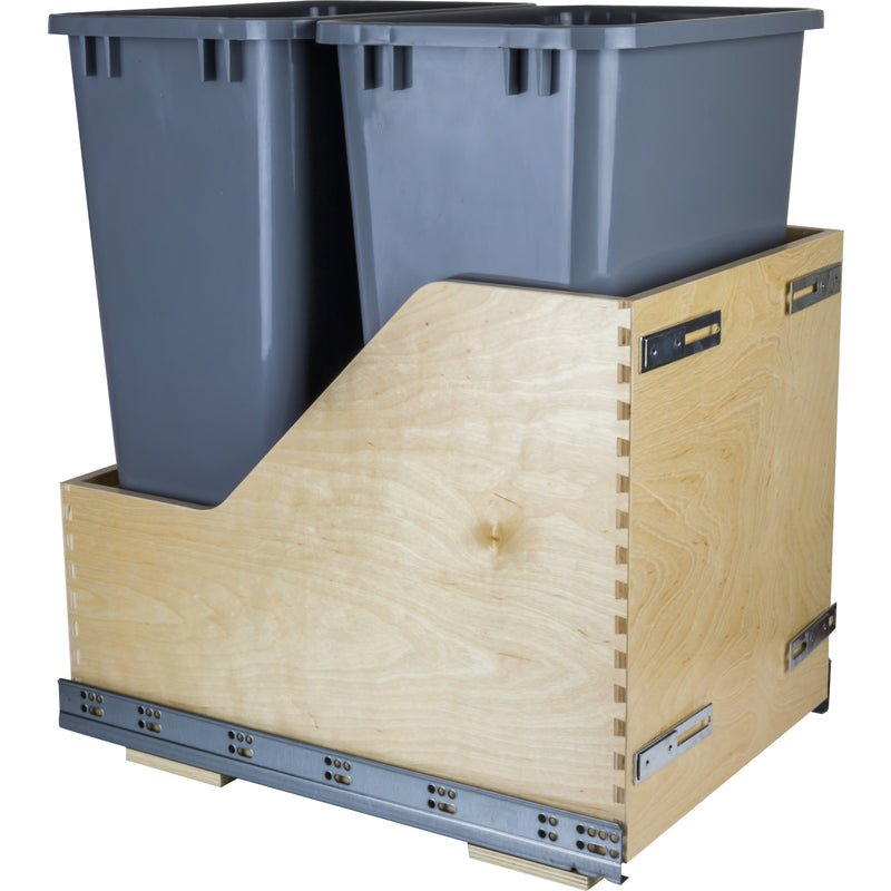 Double 50 Quart Wood Bottom-Mount Soft-close Trashcan Rollout for Door Mounting, Includes Two Grey Cans