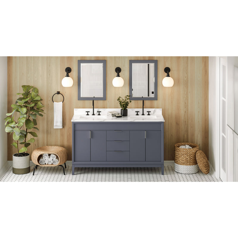 60" Blue Steel Theodora Vanity, double bowl, Calacatta Vienna Quartz Vanity Top, two undermount rectangle bowls