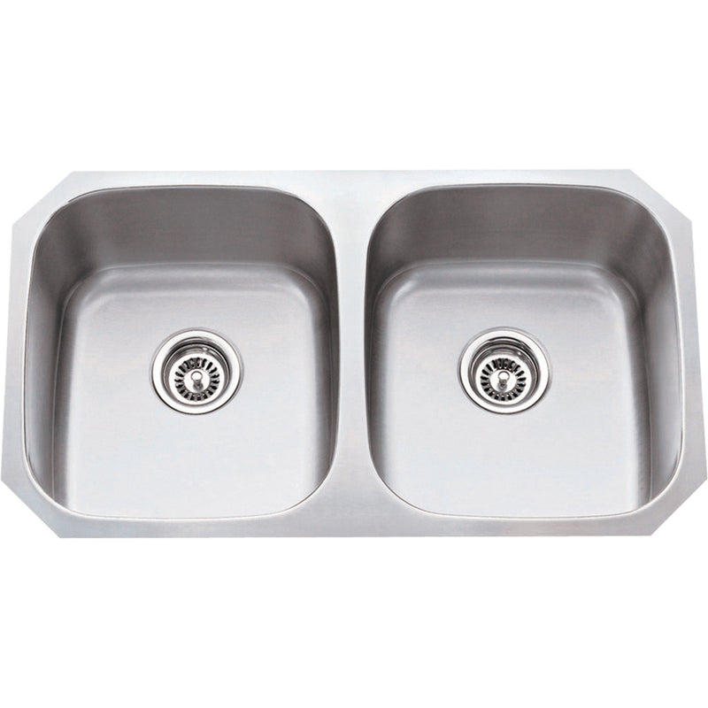 802:  32-1/4" L x 18-1/2" W x 9" D Undermount 16 Gauge Stainless Steel 50/50 Double Bowl Sink