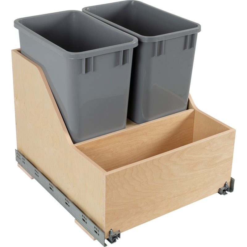 Double 35 Quart Wood Bottom-Mount Soft-close Trashcan Rollout for Door Mounting, Includes Two Grey Cans and Door Joining Bracket