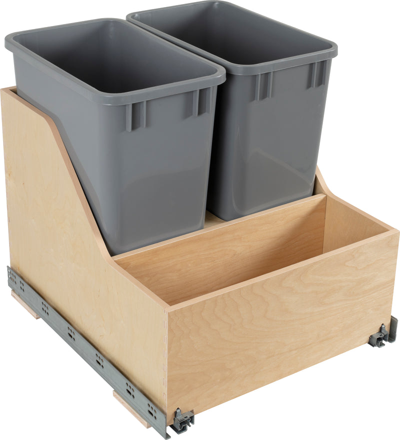 Double 35 Quart Wood Bottom-Mount Soft-close Trashcan Rollout for Door Mounting, Includes Two Grey Cans and Door Joining Bracket