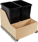 Double 35 Quart Wood Bottom-Mount Soft-close Trashcan Rollout for Door Mounting, Includes Two Black Cans and Door Joining Bracket