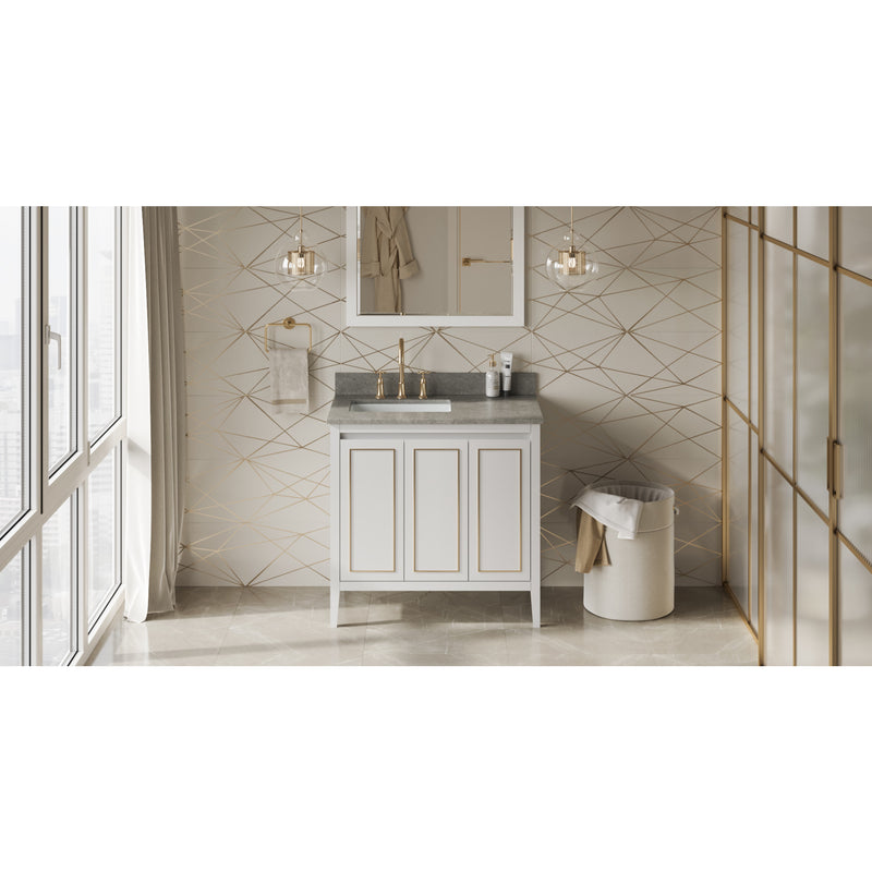 36" White Percival Vanity, left offset, Steel Grey Cultured Marble Vanity Top, undermount rectangle bowl