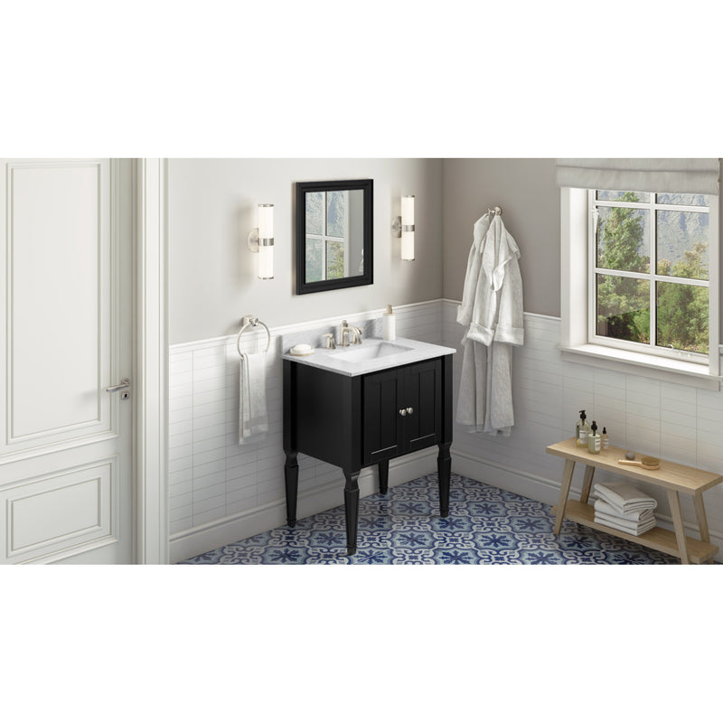 30" Black Jensen Vanity, White Carrara Marble Vanity Top, undermount rectangle bowl