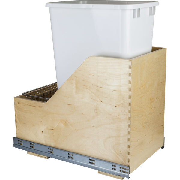 Single 50 Quart Wood Bottom-Mount Soft-close Trashcan Rollout for Hinged Doors, Includes One White Can