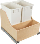 Double 35 Quart Wood Bottom-Mount Soft-close Trashcan Rollout for Door Mounting, Includes Two White Cans and Door Joining Bracket