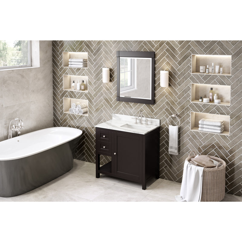 36" Espresso Astoria Vanity, right offset, Calacatta Vienna Quartz Vanity Top, undermount rectangle bowl