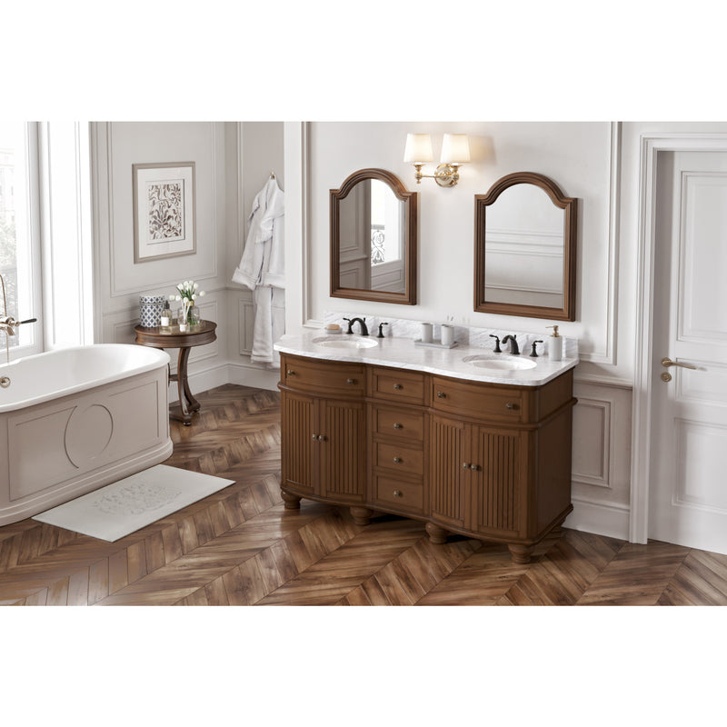 60" Walnut Compton Vanity, double bowl, Compton-only White Carrara Marble Vanity Top, two undermount oval bowls