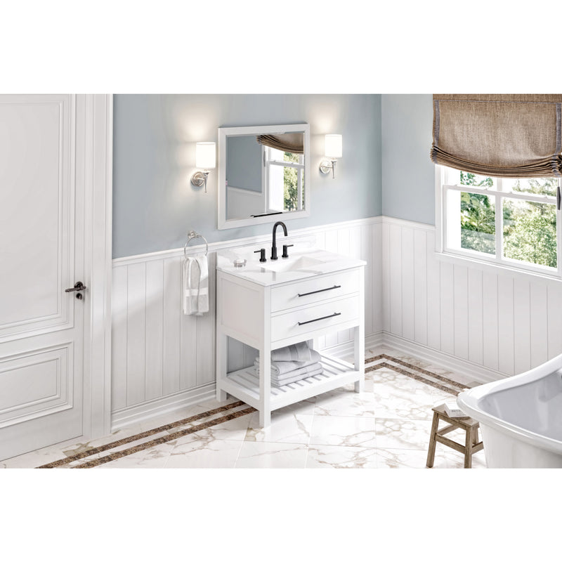 36" White Wavecrest Vanity, Calacatta Vienna Quartz Vanity Top, undermount rectangle bowl