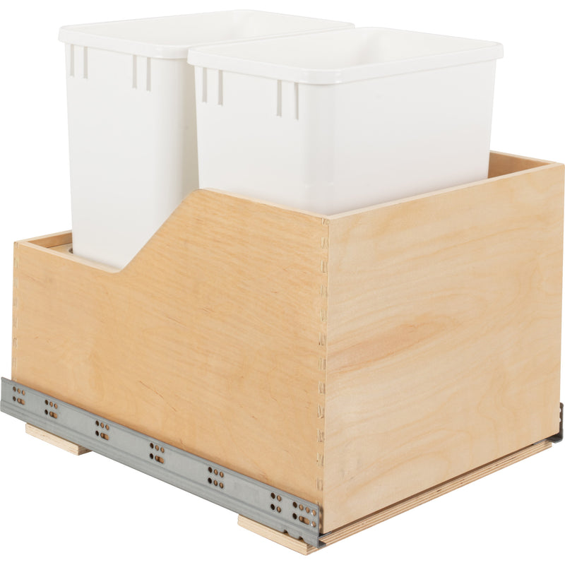 Double 35 Quart Wood Bottom-Mount Soft-close Trashcan Rollout for Hinged Doors, Includes Two White Cans