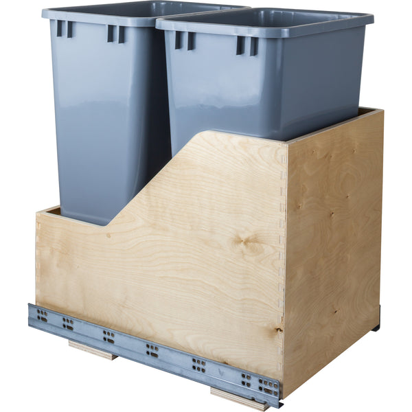 Double 50 Quart Wood Bottom-Mount Soft-close Trashcan Rollout for Hinged Doors, Includes Two Grey Cans